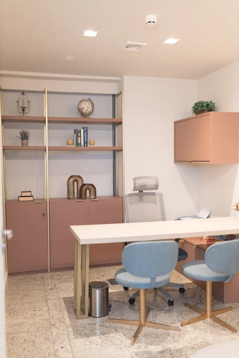 Sala de atendimento do Instituto Blu com mesa, cadeiras e estante em tons quentes